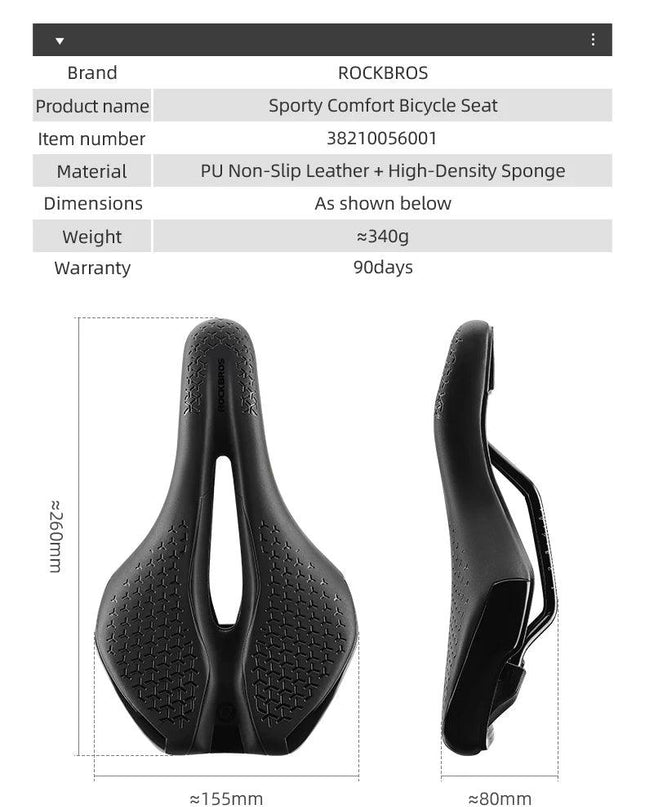 ROCKBROS Bicycle Saddle Hollow Breathable Shockproof Cycling Seat PU Non-Slip Leather Cushion Lightweight MTB Road Bike Saddle