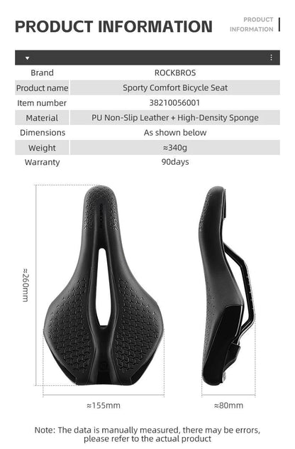 ROCKBROS Bicycle Saddle Hollow Breathable Shockproof Cycling Seat PU Non-Slip Leather Cushion Lightweight MTB Road Bike Saddle