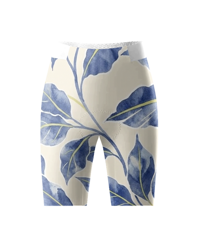 ROCKBROS Women's Watercolor Blue Leaf High-Waist Padded Cycling Shorts