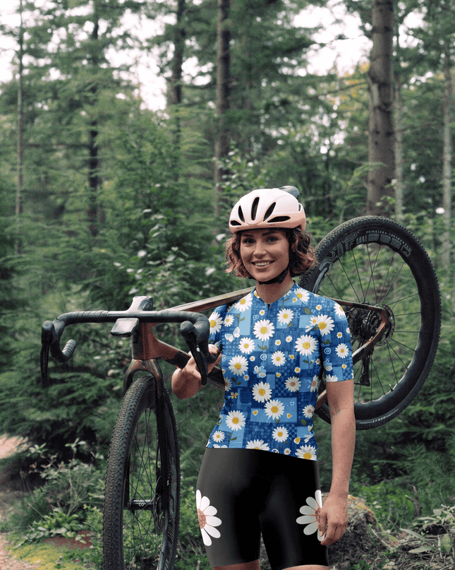 ROCKBROS Women's Blue Denim Daisy Butterfly Pro Aero Cycling Jersey