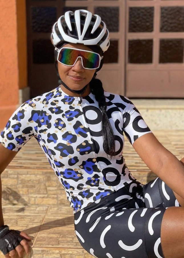 ROCKBROS Women's Blue Leopard & Geometric Circle Asymmetrical Aero Jersey