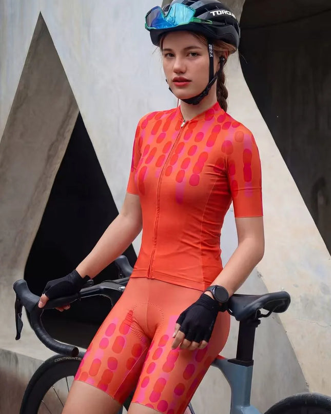 ROCKBROS Women's Vibrant Gradient Orange Pink Abstract Vertical Print Padded Bib Cycling Bibs