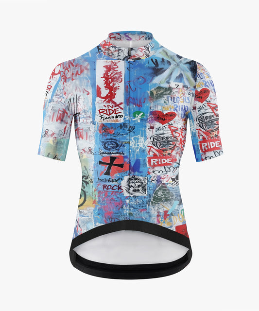 Men's Light Blue Cycling Jersey with Bold Graffiti Text Graphic – Front View