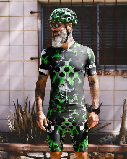 Man Wearing Neon Grunge Halftone Punk Art Pro Aero Jersey Tailored with Stretch Fit for Race-Inspired Silhouette