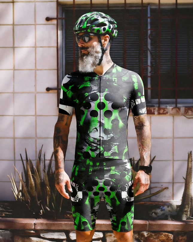 Man Wearing Neon Grunge Halftone Punk Art Pro Aero Jersey Tailored with Stretch Fit for Race-Inspired Silhouette