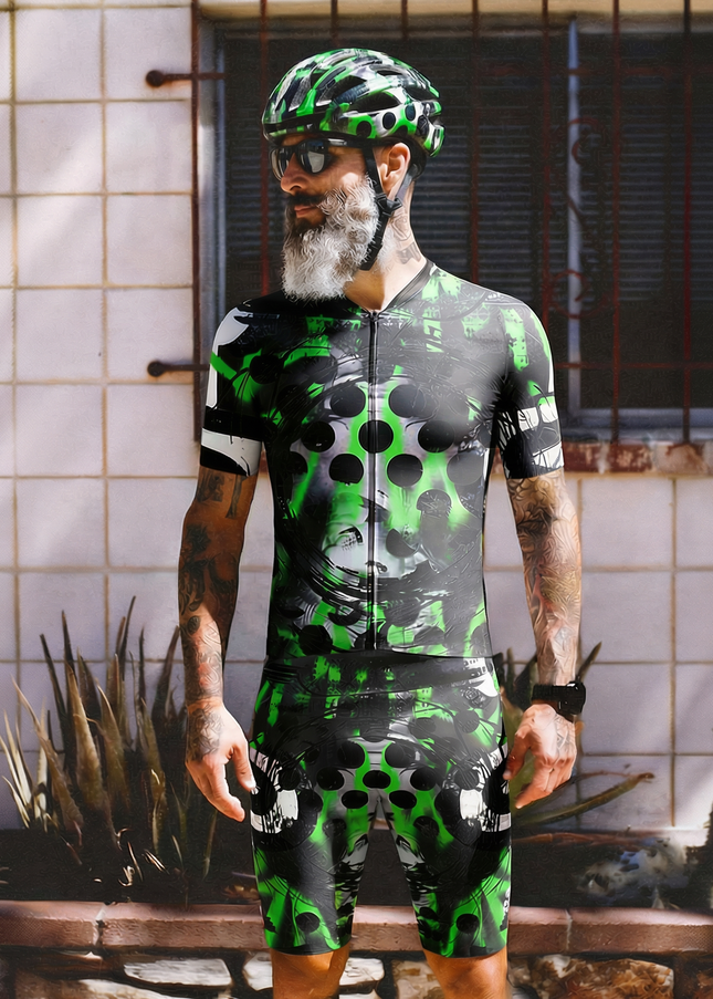 Man Wearing Neon Grunge Halftone Punk Art Pro Aero Jersey Tailored with Stretch Fit for Race-Inspired Silhouette