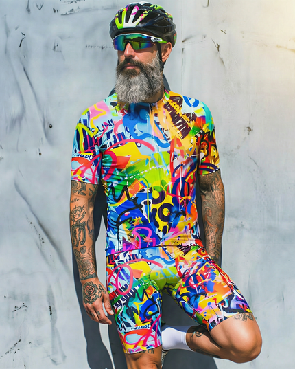 Man Wearing Urban Chaos Pop Graffiti Art Pro Aero Jersey Built for Road Cycling and Long Training Rides