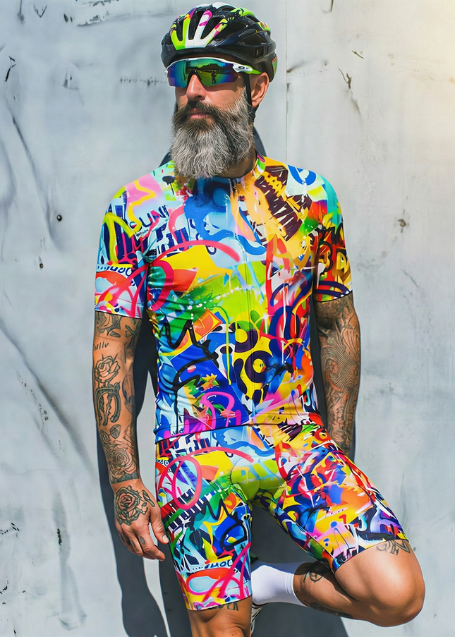 Man Wearing Urban Chaos Pop Graffiti Art Pro Aero Jersey Built for Road Cycling and Long Training Rides