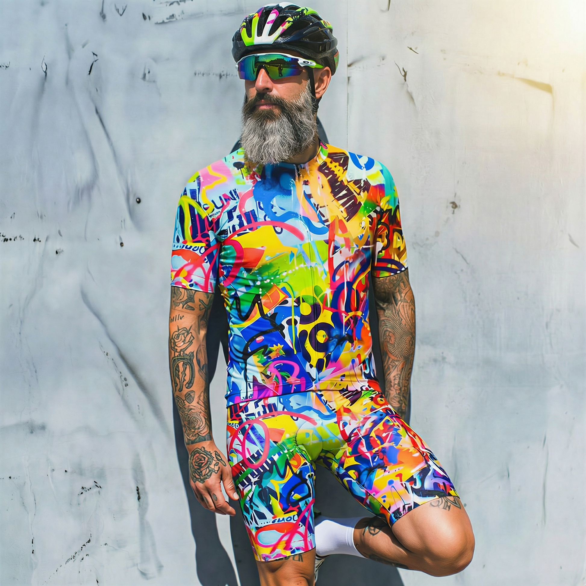 Man Wearing Urban Chaos Pop Graffiti Art Pro Aero Jersey Built for Road Cycling and Long Training Rides