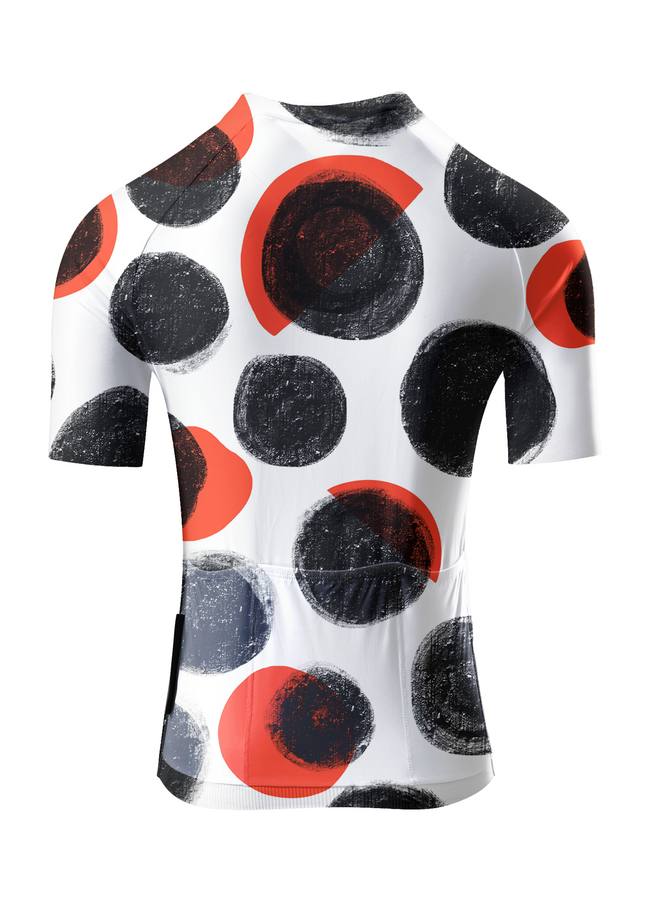 Women's Crimson Orbit Pop Art Polka Pro Aero Jersey Crafted from Moisture-Wicking Fabric to Stay Dry on the Ride – Back View
