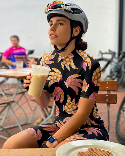 Woman Wearing Funky Banana Quirky Pop Art Pro Aero Jersey Built for Road Cycling and Long Training Rides