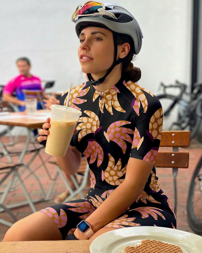 Woman Wearing Funky Banana Quirky Pop Art Pro Aero Jersey Built for Road Cycling and Long Training Rides