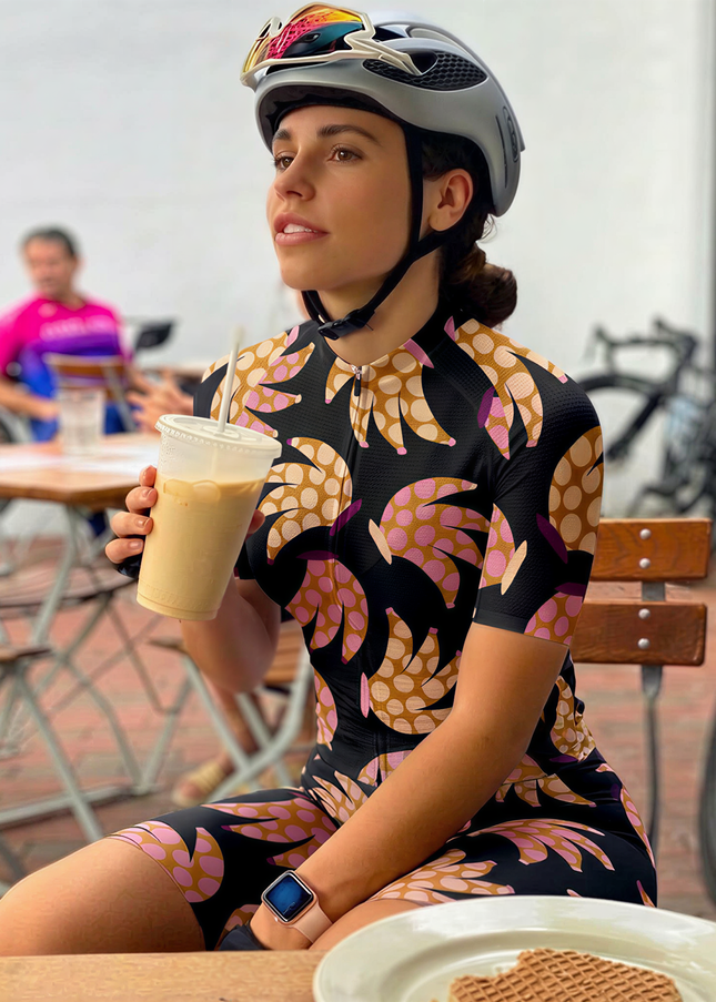 Woman Wearing Funky Banana Quirky Pop Art Pro Aero Jersey Built for Road Cycling and Long Training Rides