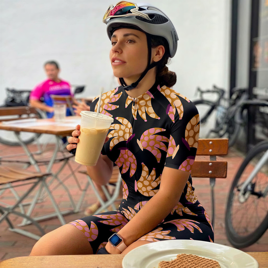 Woman Wearing Funky Banana Quirky Pop Art Pro Aero Jersey Built for Road Cycling and Long Training Rides