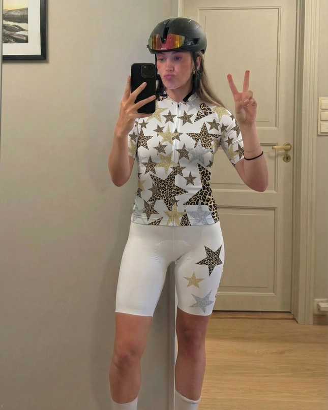 Woman Wearing Gilded Nebula All-Weather Multi-Element Pro Aero Jersey Built for Road Cycling and Long Training Rides