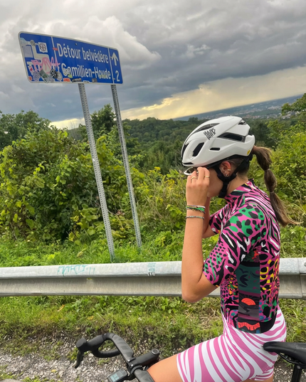 Woman Wearing Hyper-Safari All-Weather Neon Collage Pro Jersey Tailored with Stretch Fit for Race-Inspired Silhouette