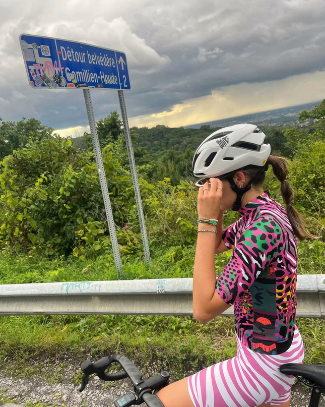 Woman Wearing Hyper-Safari All-Weather Neon Collage Pro Jersey Tailored with Stretch Fit for Race-Inspired Silhouette