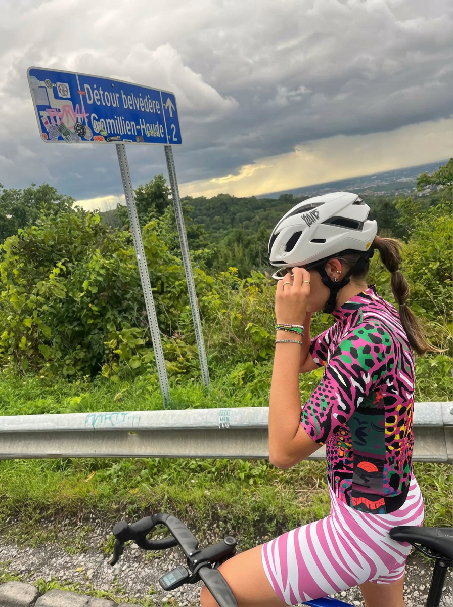 Woman Wearing Hyper-Safari All-Weather Neon Collage Pro Jersey Tailored with Stretch Fit for Race-Inspired Silhouette